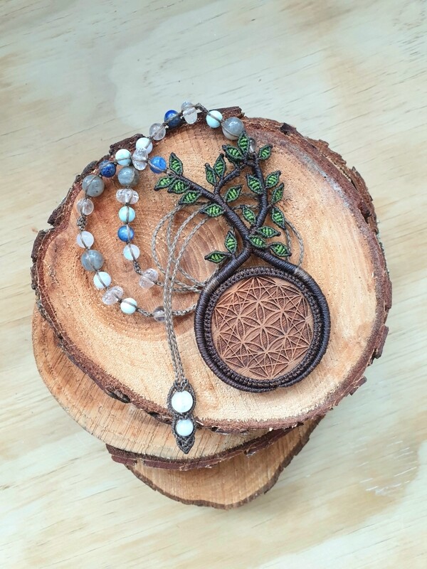 Tree of Life Necklace with Walnut Wood Pendant &amp; Quartz Beads