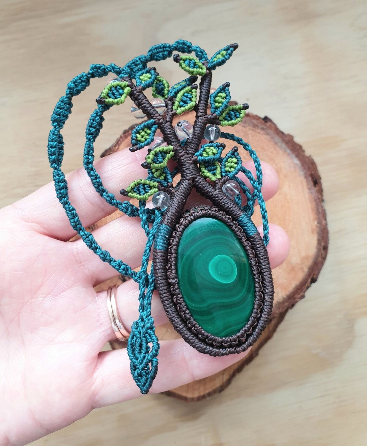 Tree of Life with Malachite Pendant &amp; Clear Quartz beads
