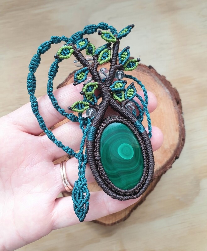 Tree of Life with Malachite Pendant &amp; Clear Quartz beads