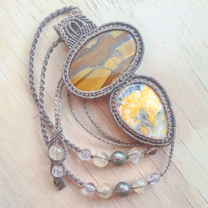 Tiger Eye &amp; Bumblebee Jasper Micromacrame Necklace 
