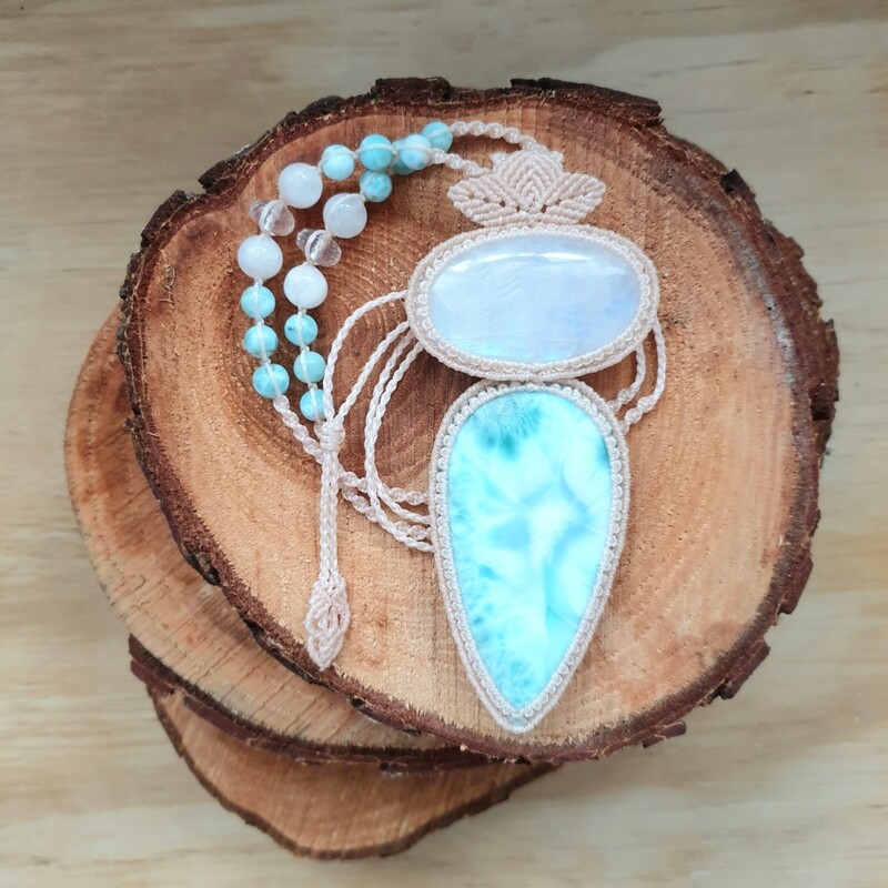 Larimar &amp; Rainbow Moonstone Macrame Necklace