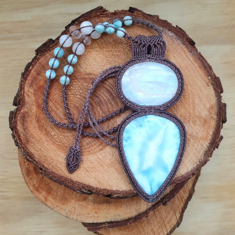 Larimar &amp; Rainbow Moonstone Macrame Necklace