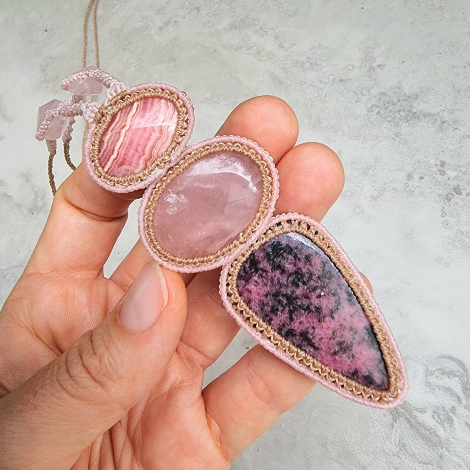 Rhodocrosite, Rose Quartz, Rhodonite with Morganite Adjustable Micromacrame Necklace