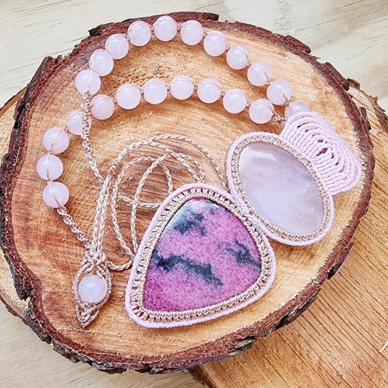 Rose Quartz &amp; Rhodonite with Rose Quartz Beads Adjustable Micromacrame Necklace