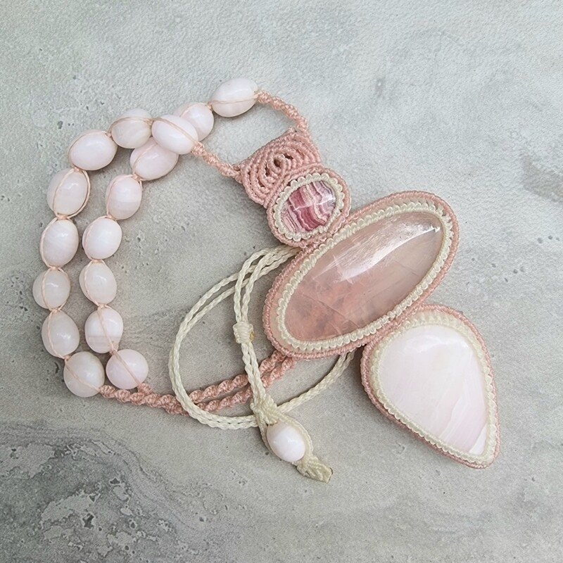 Rhodocrosite, Rose Quartz &amp; Mangano Calcite Adjustable Micromacrame Necklace
