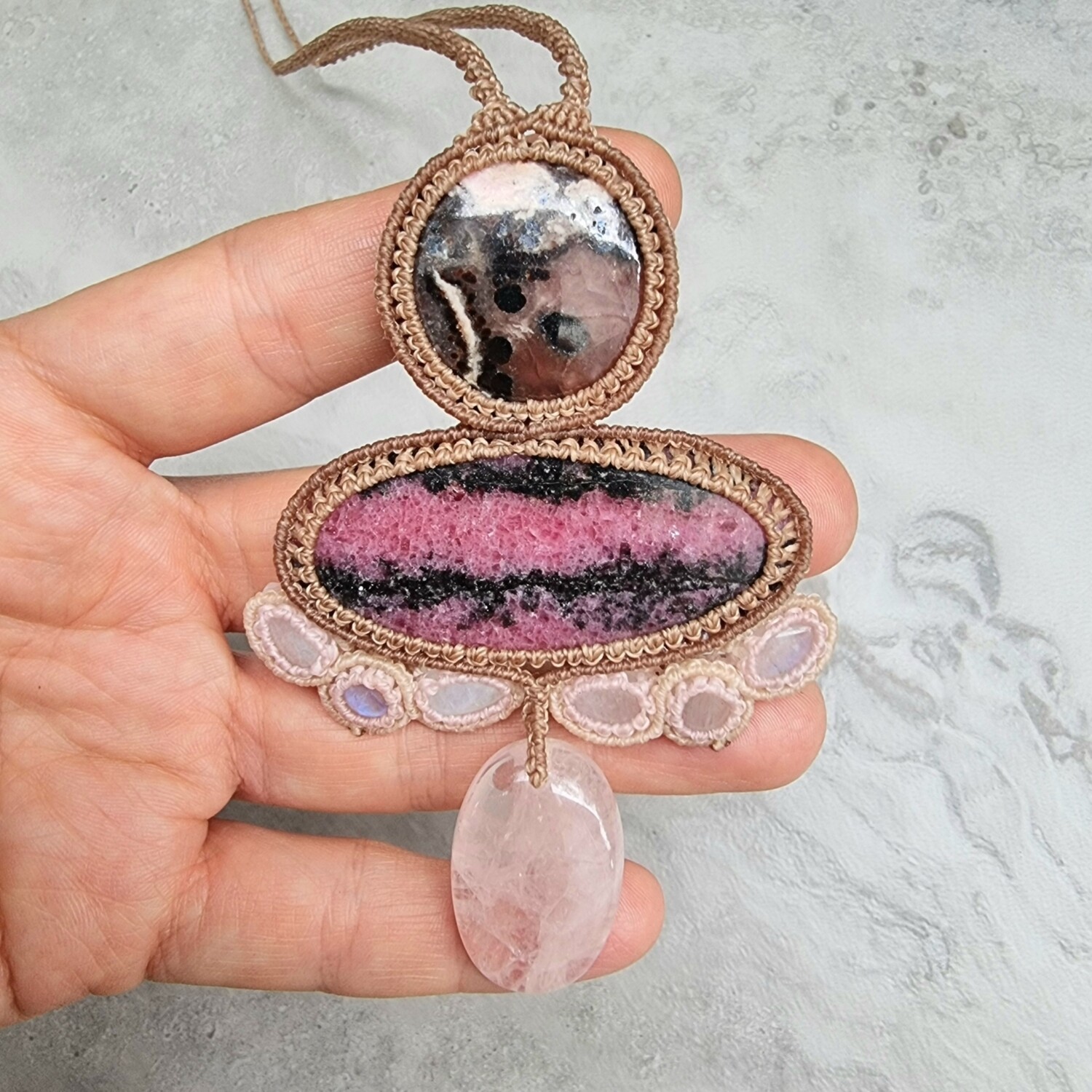 Rhodocrosite, Rhodonite, Rose Quartz with Rainbow Moonstone minis Adjustable Micromacrame Necklace
