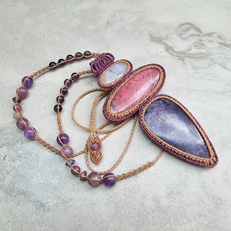 Rainbow Moonstone, Rhodonite &amp; Lepidolite Adjustable Micromacrame Necklace