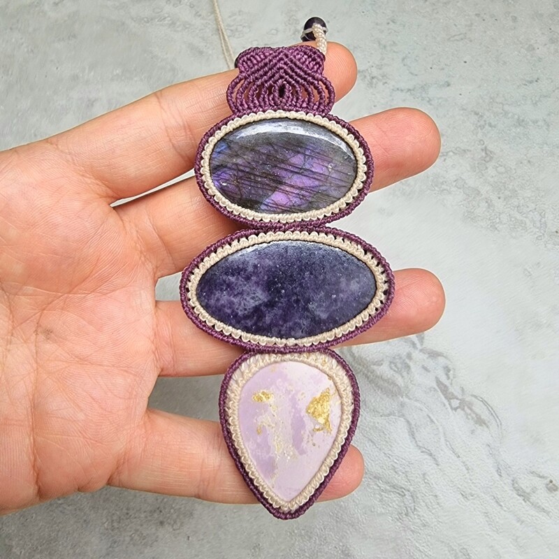 Purple Labradorite, Lepidolite &amp; Phosphosiderite Adjustable Micromacrame Necklace