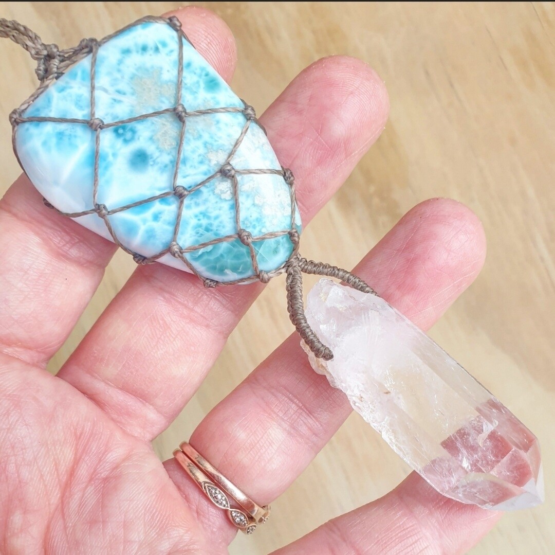 Larimar &amp; Quartz Point Micromacrame Necklace