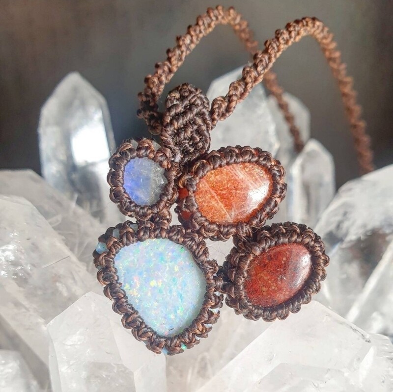 Australian Opal, Sunstone, Red Jasper &amp; Rainbow Moonstone Adjustable Micromacrame Necklace