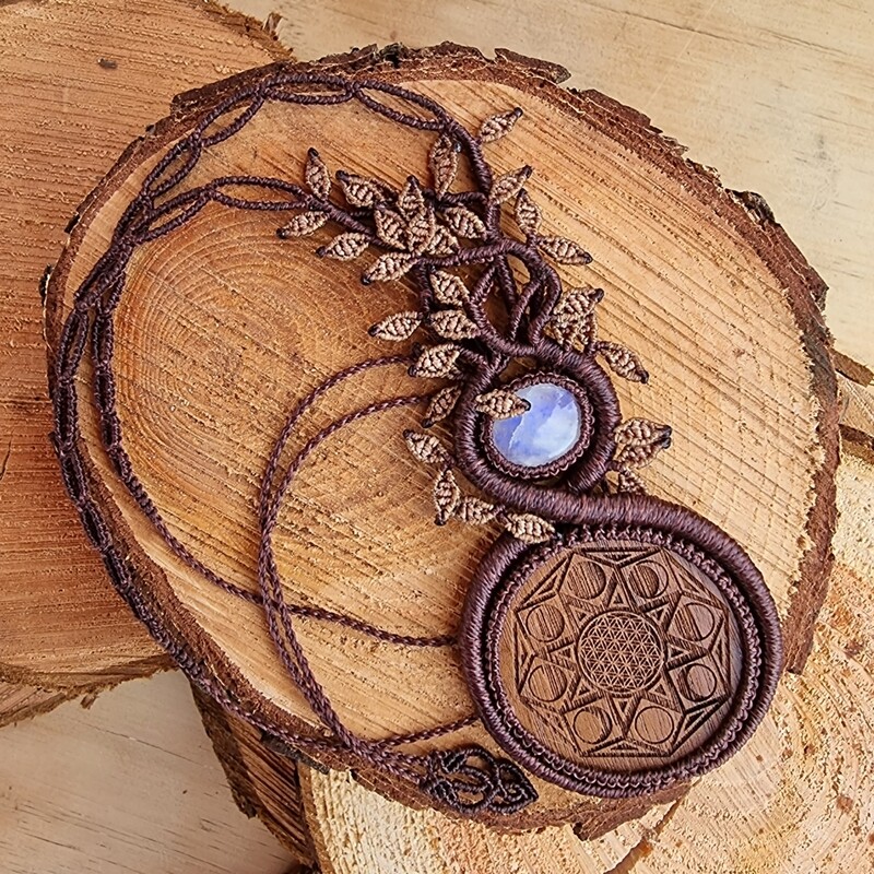Tree of Life Necklace with Walnut Wood &amp; Moonstone Pendant