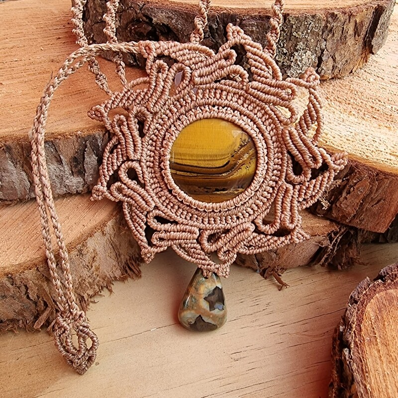 Tiger Eye Mandala with Rainforest Jasper Micromacrame Necklace 