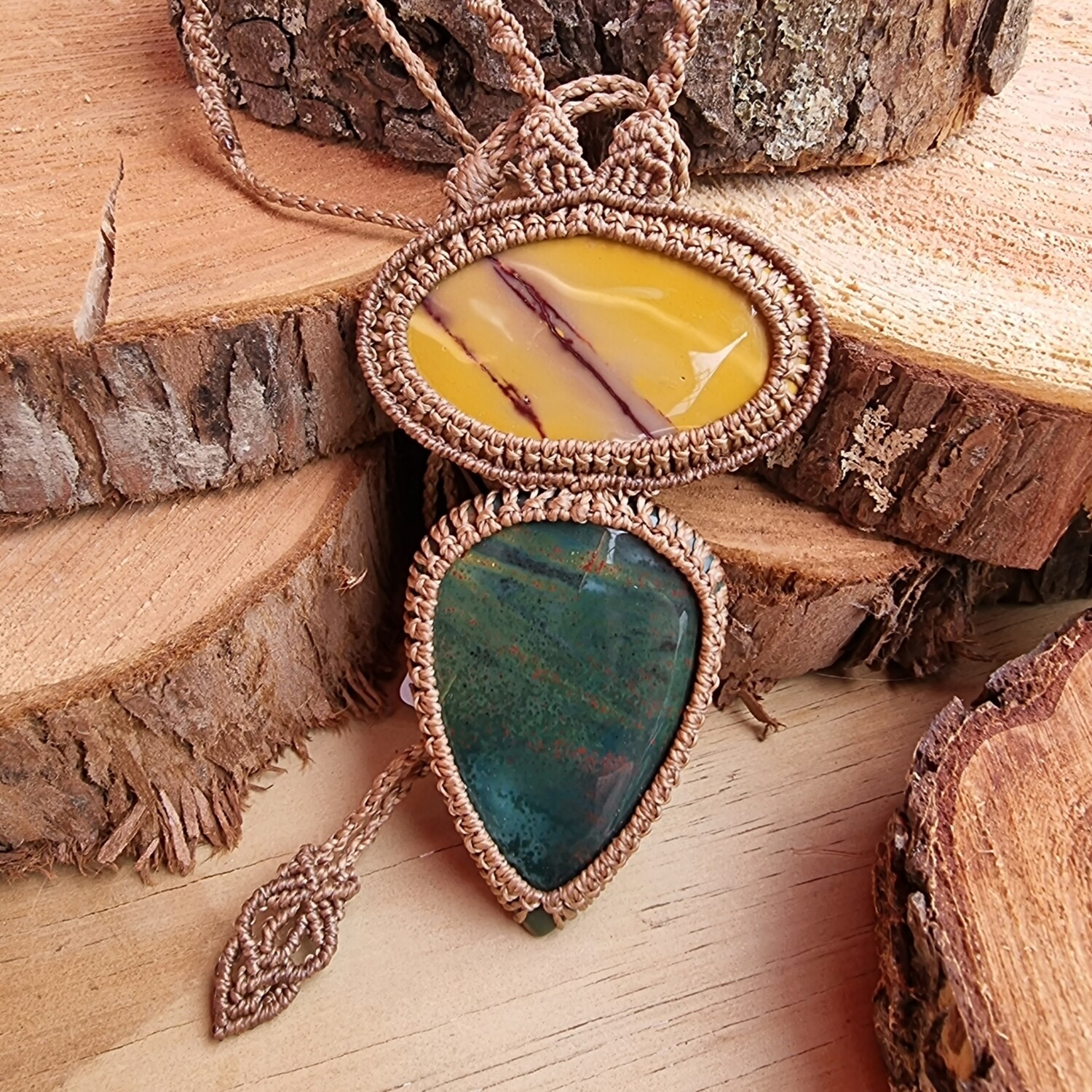 Bloodstone &amp; Mookaite Jasper Adjustable Micromacrame Necklace