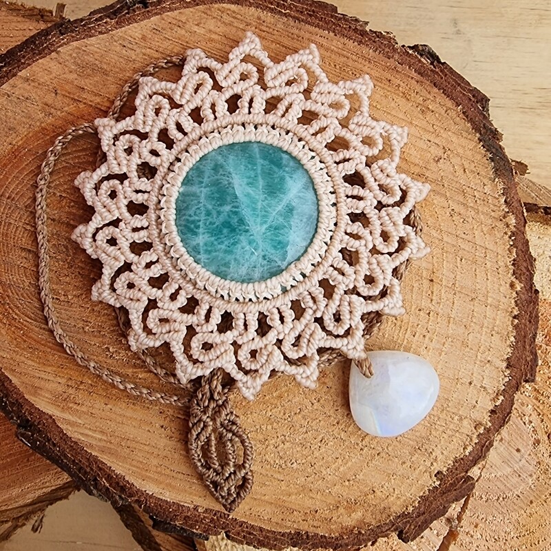 Amazonite Mandala with Moonstone Micromacrame Necklace 