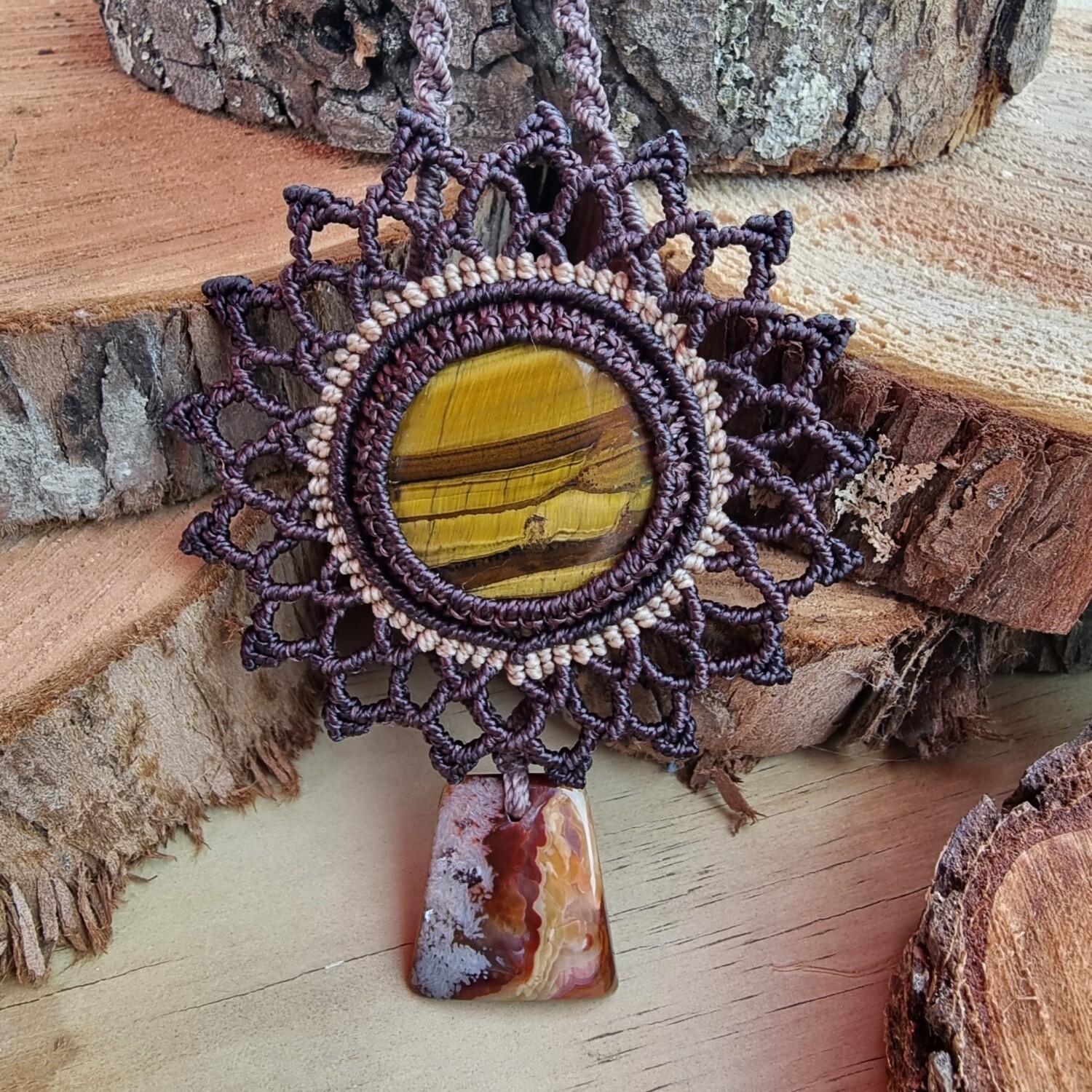 Tiger Eye Mandala with Crazy Lace Agate Micromacrame Necklace 