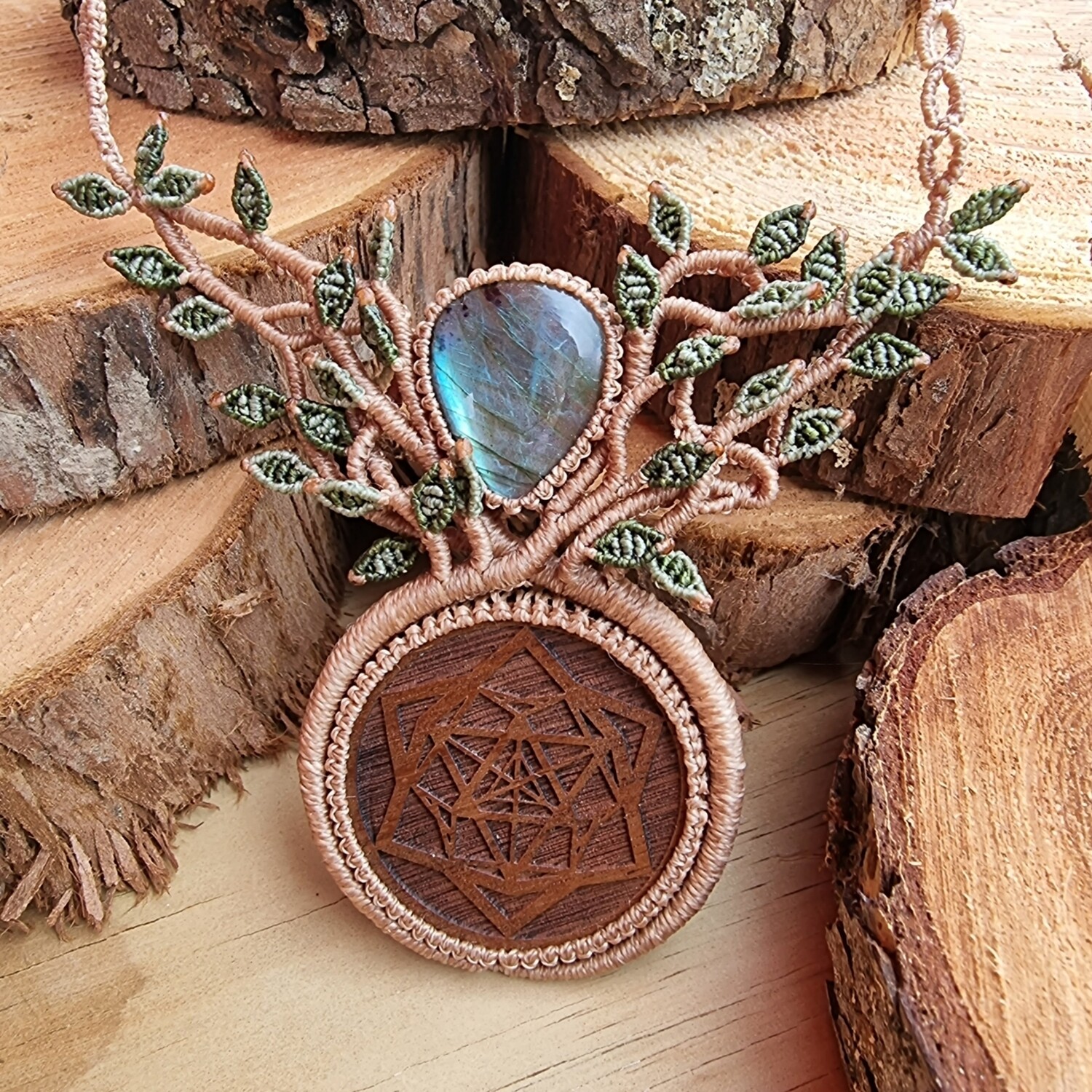 Tree of Life Necklace with Labradorite &amp; Walnut Wood Pendant
