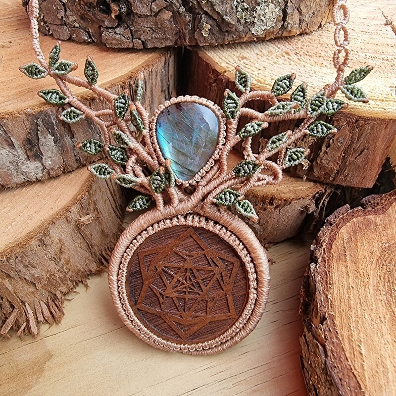 Tree of Life Necklace with Labradorite &amp; Walnut Wood Pendant