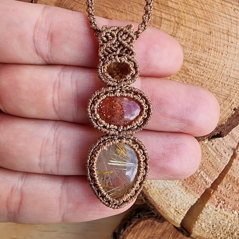 Citrine, Sunstone &amp; Golden Rutilated Quartz Micromacrame Necklace
