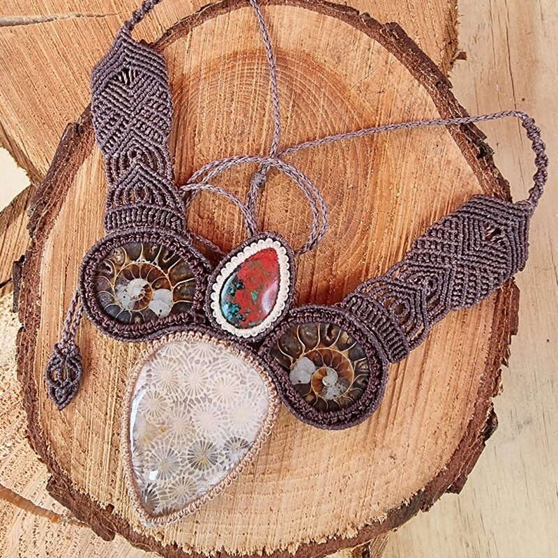Fossil Coral, Ammonite Fossil &amp; Sanora Jasper Micromacrame Necklace