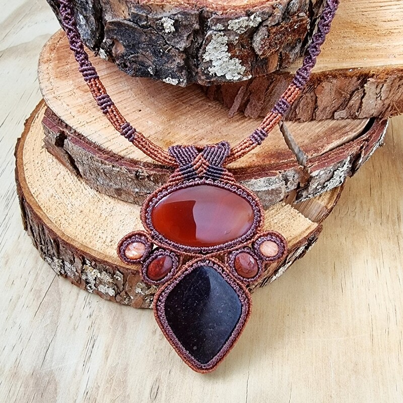 Garnet, Carnelian, Sunstone &amp; Red Jasper Micromacrame Necklace