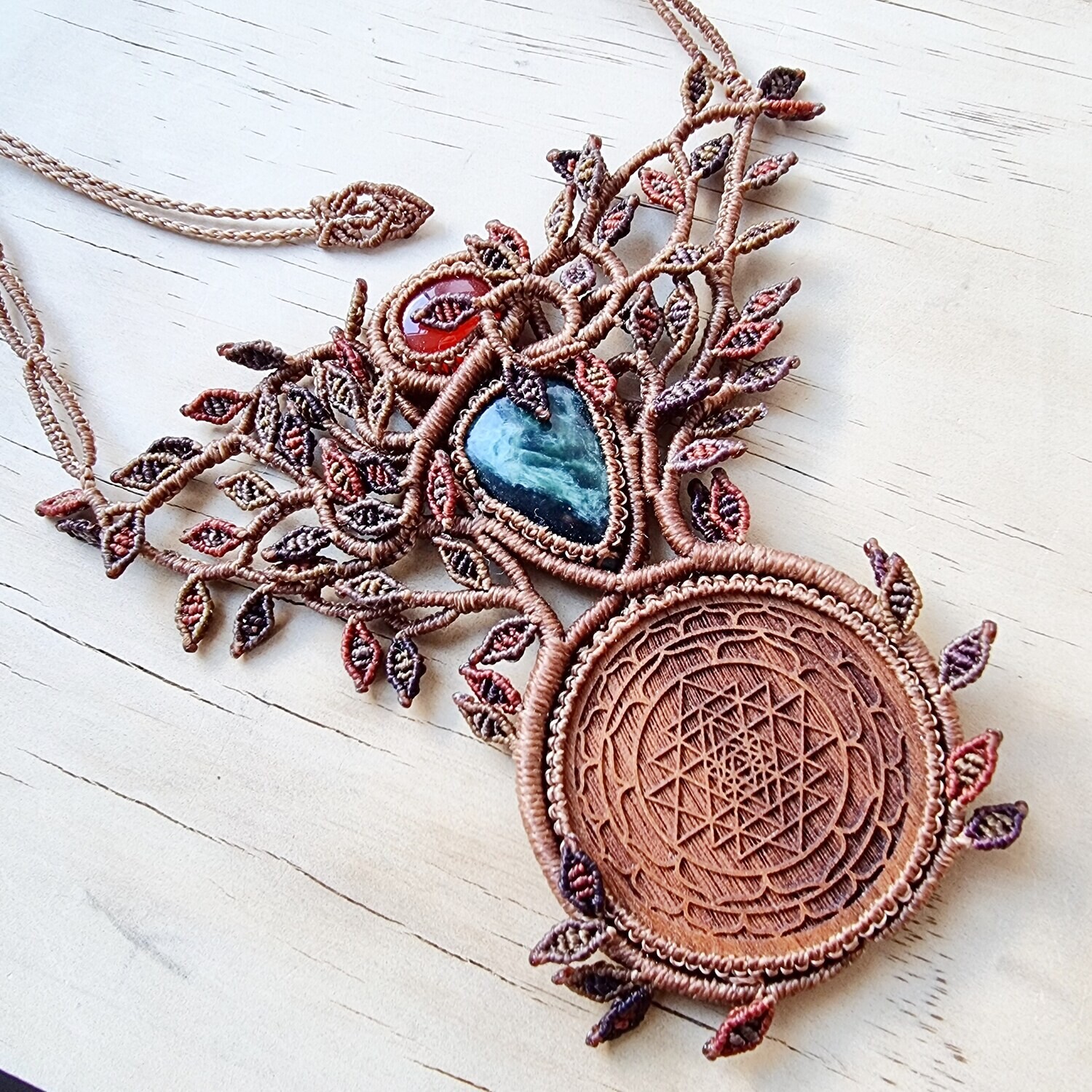 Tree of Life Necklace with Carnelian, Serpentine &amp; Walnut Wood Pendant