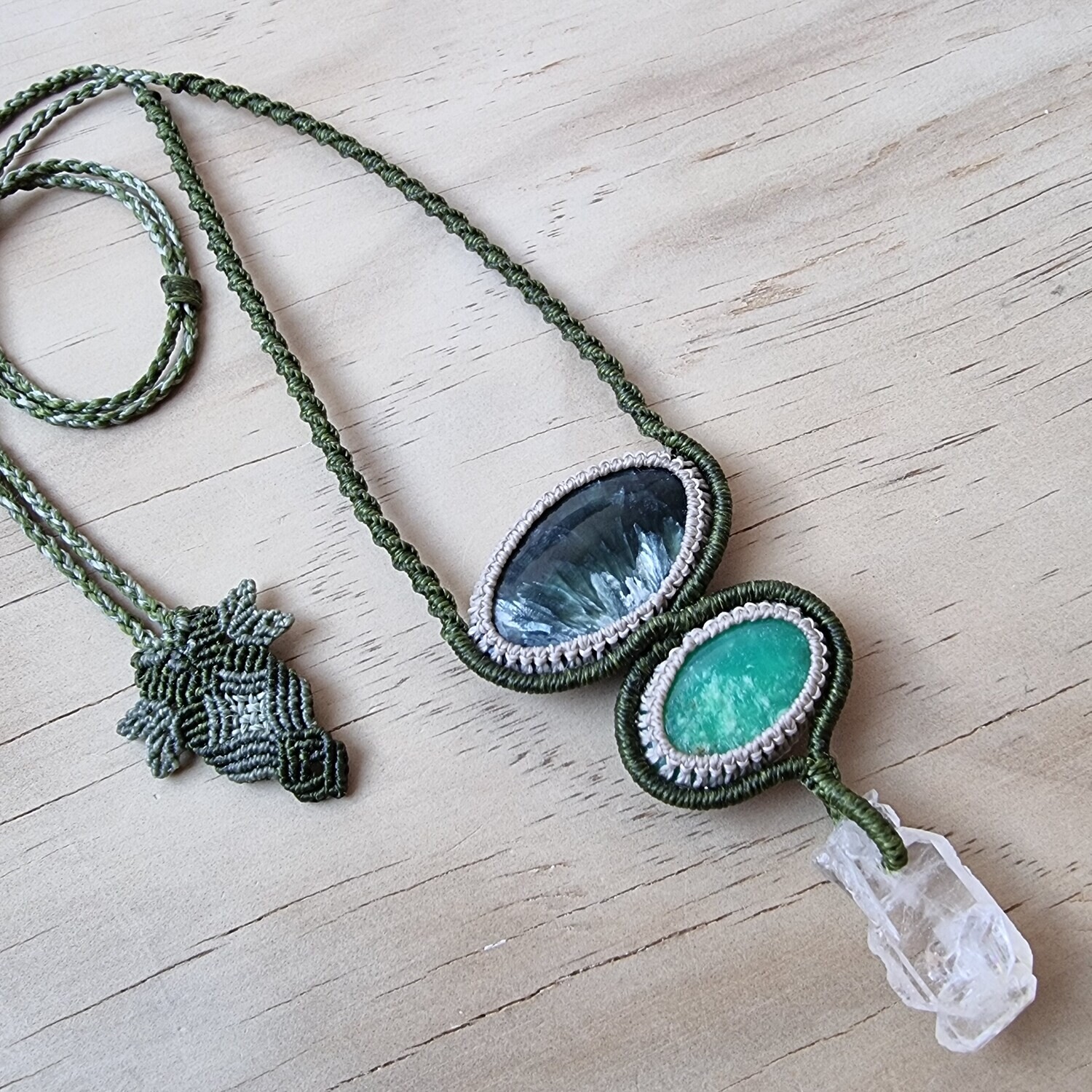 Seraphinite, Chrysoprase &amp; Faden Quartz Adjustable Micromacrame Necklace