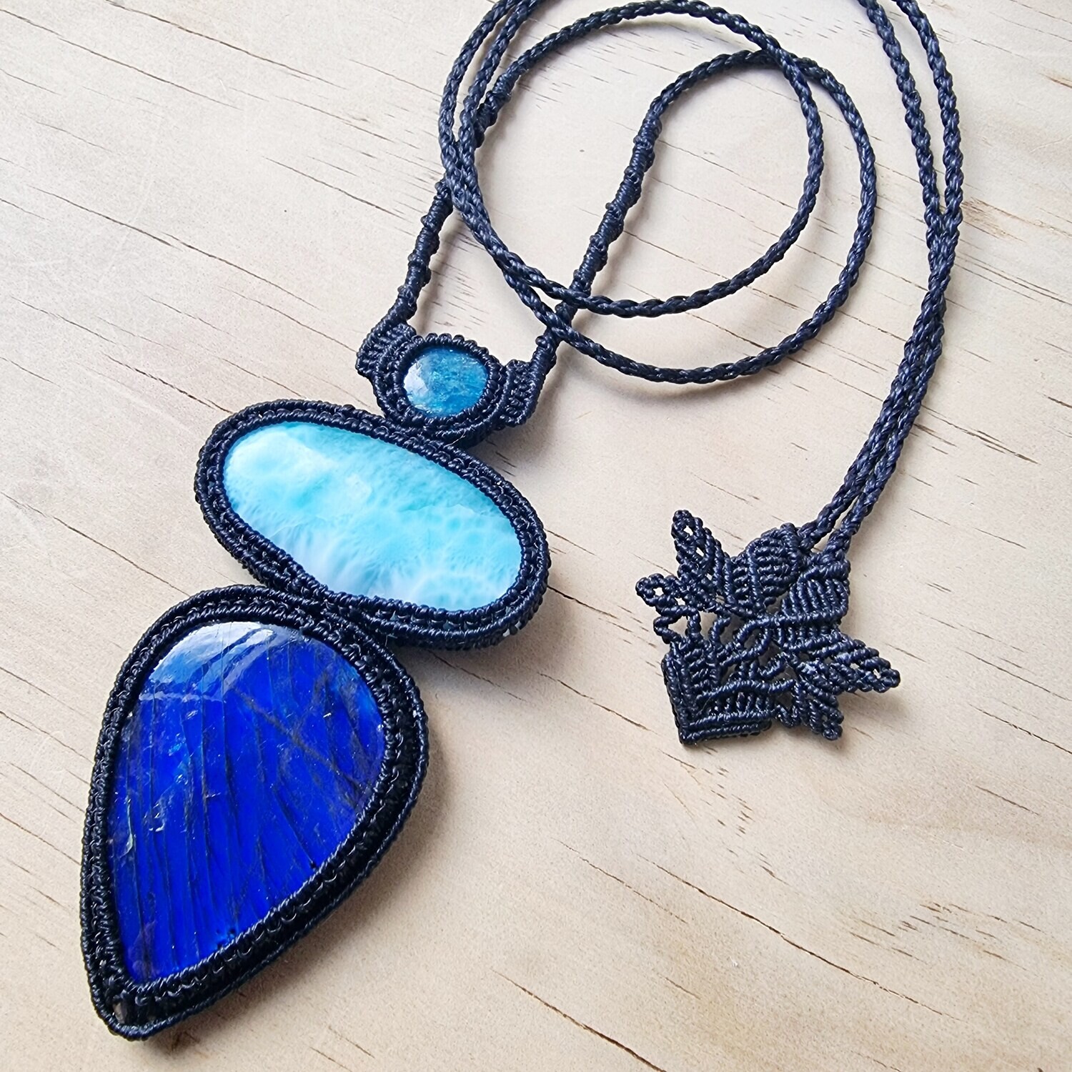 Blue Apatite, Larimar &amp; Blue Flash Labradorite MicroMacrame Necklace