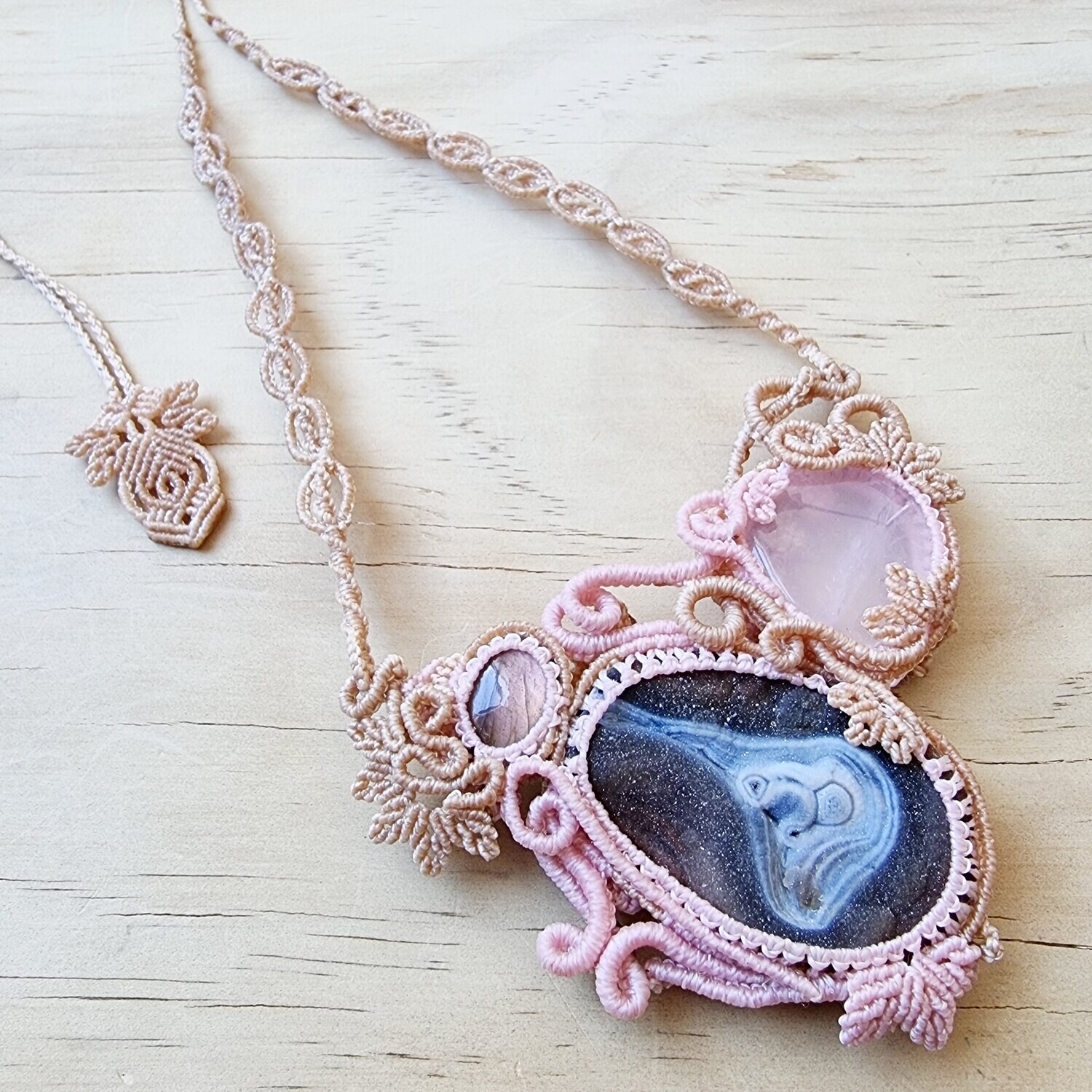 Rose Quartz, Desert Druzy &amp; Pink Flash Labradorite MicroMacrame Necklace