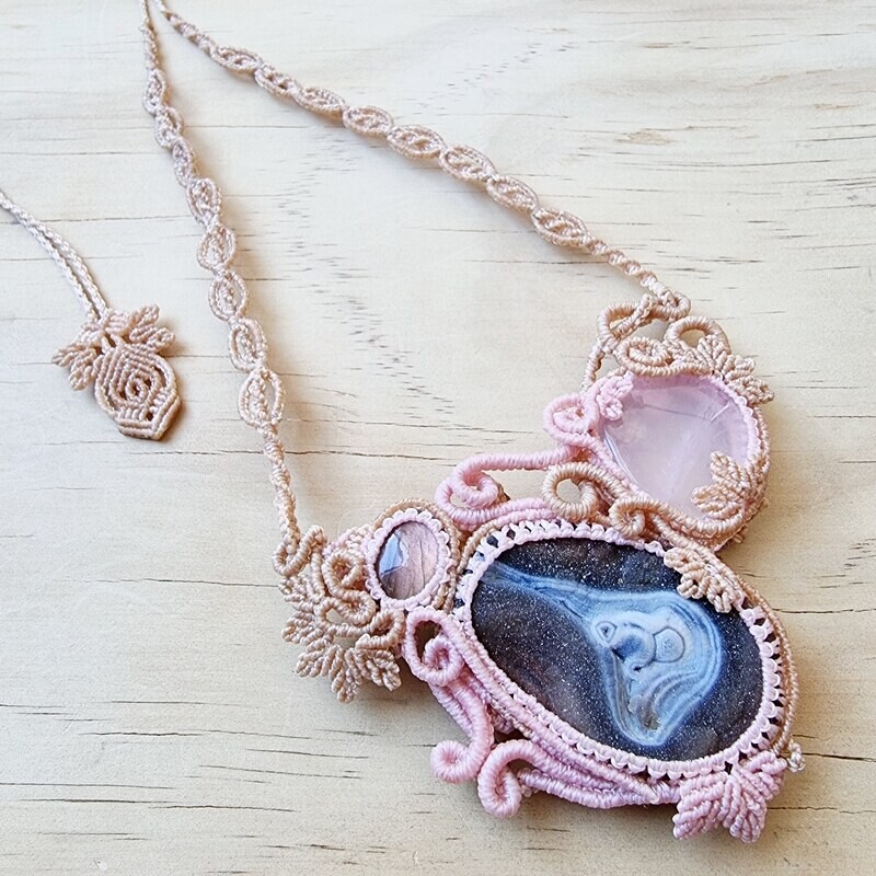 Rose Quartz, Desert Druzy &amp; Pink Flash Labradorite MicroMacrame Necklace