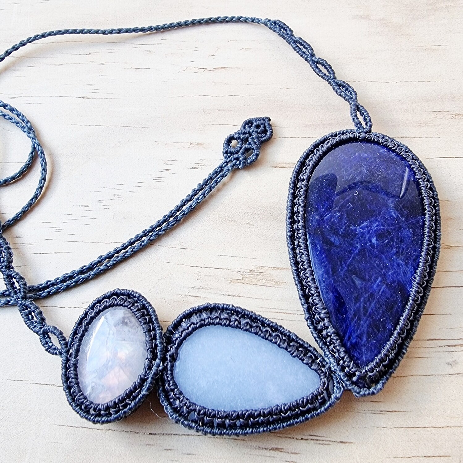 Moonstone, Angelite &amp; Sodalite MicroMacrame Necklace