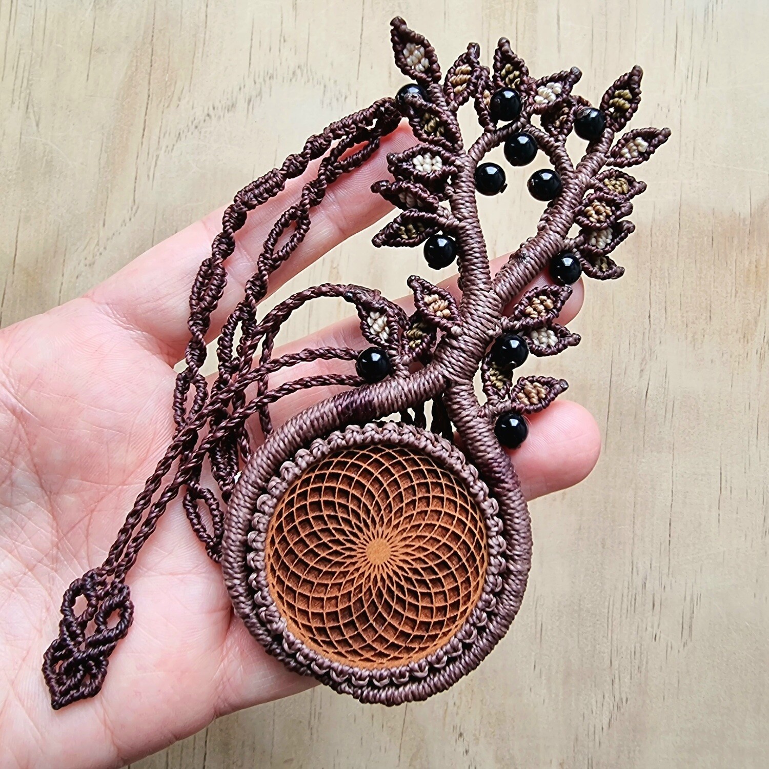 Tree of Life Necklace with Cherry Wood Pendant &amp; Black Agate Beads