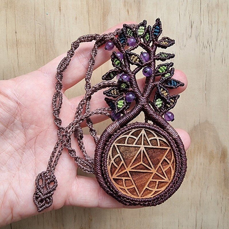 Tree of Life Necklace with Cherry Wood Pendant &amp; Amethyst Beads