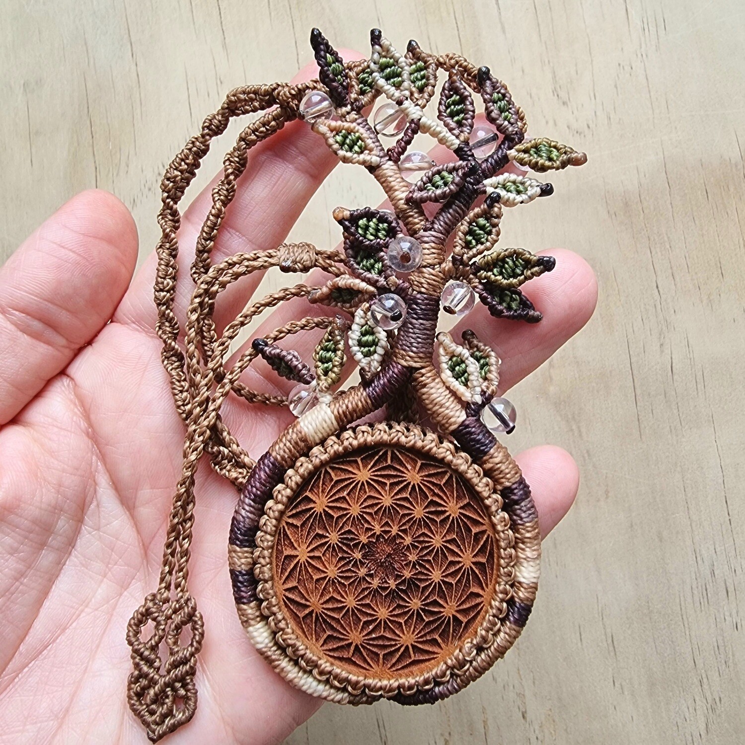 Tree of Life Necklace with Cherry Wood Pendant &amp; Quartz Beads