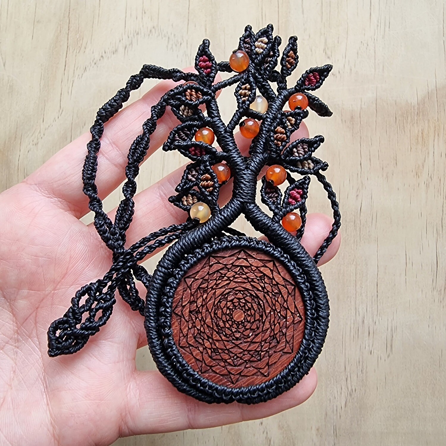 Tree of Life Necklace with Padauk Wood Pendant &amp; Carnelian Beads