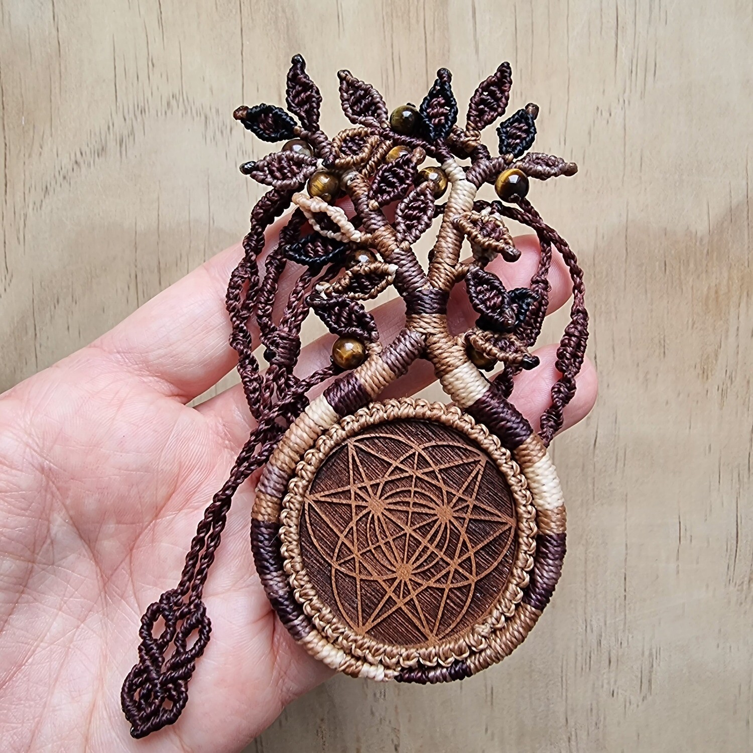 Tree of Life Necklace with Walnut Wood Pendant &amp; Tiger Eye Beads