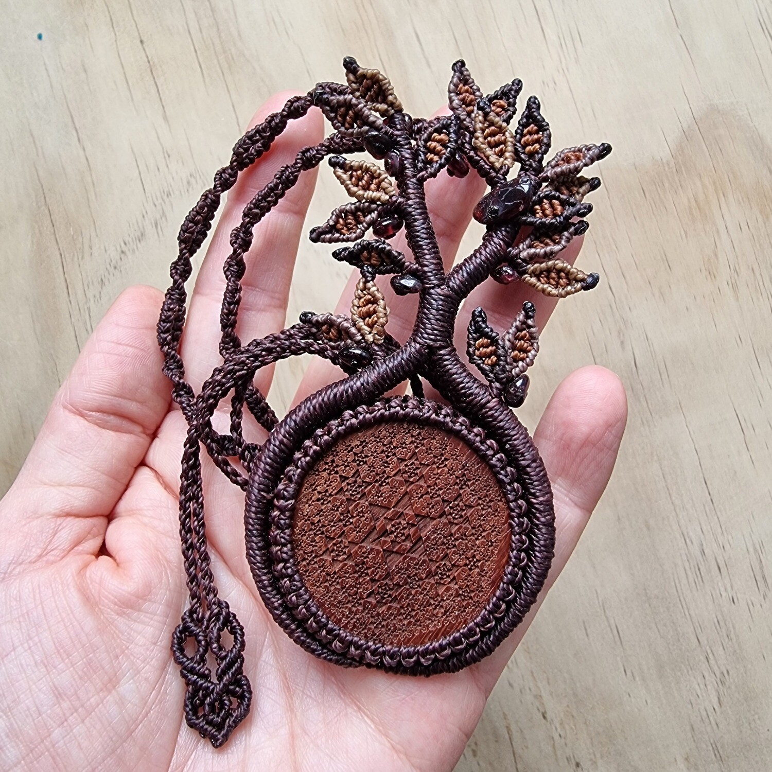 Tree of Life Necklace with Padauk Wood Pendant &amp; Garnet Beads