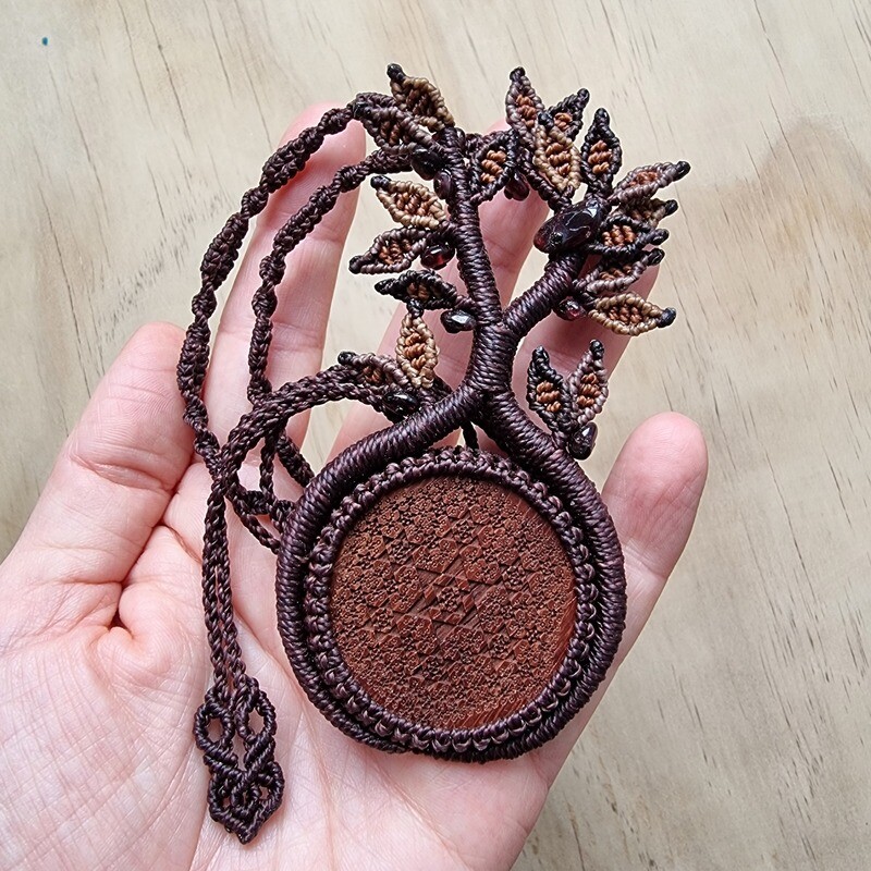 Tree of Life Necklace with Padauk Wood Pendant &amp; Garnet Beads