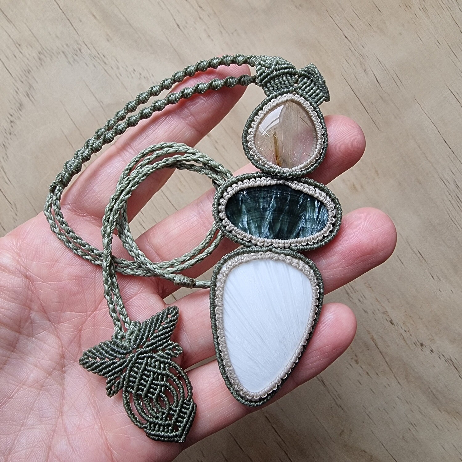 Golden Rutilated Quartz, Seraphinite &amp; Scolecite Adjustable Micromacrame Necklace