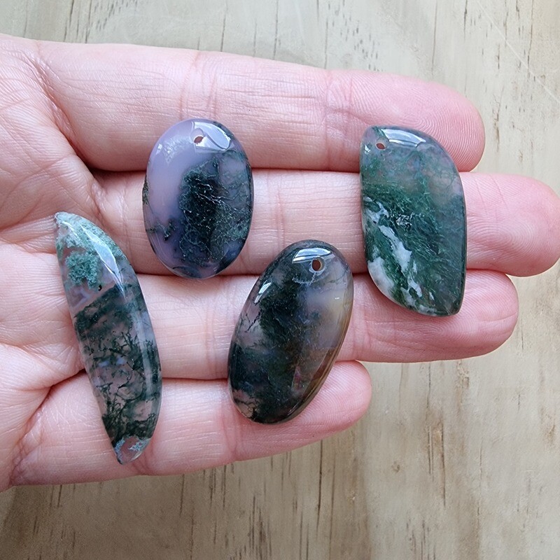 4 x Moss Agate top drilled Pendant Lot for jewelry making or diy craft projects 16.9gr