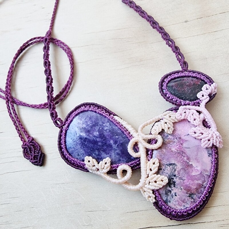 Eudialyte, Lepidolite &amp; Cobalt Calcite MicroMacrame Necklace