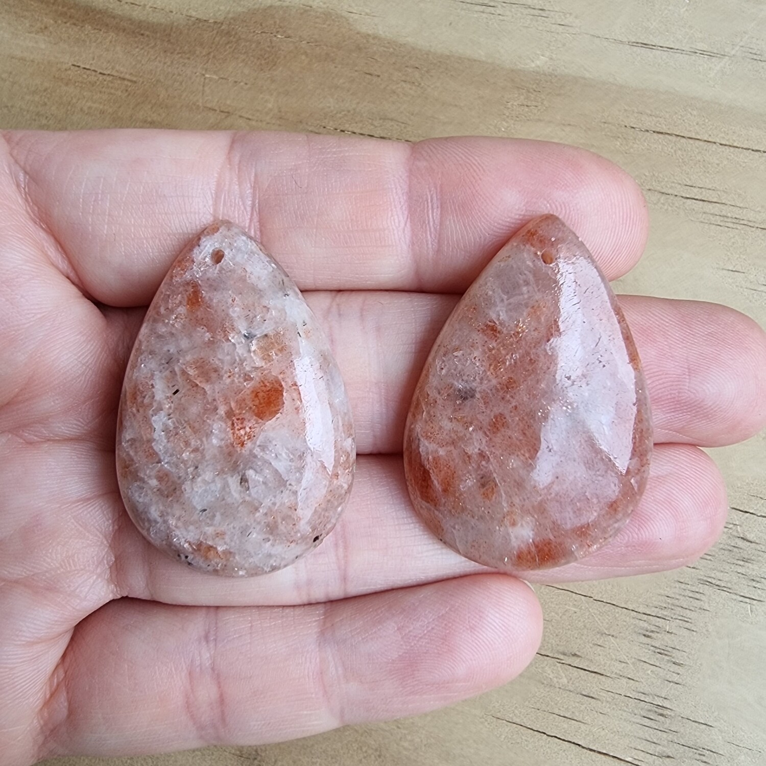 2 x Sunstone Top Drilled Cabochon Lot / Pendant Lot for jewelry making or diy craft projects 23.4gr