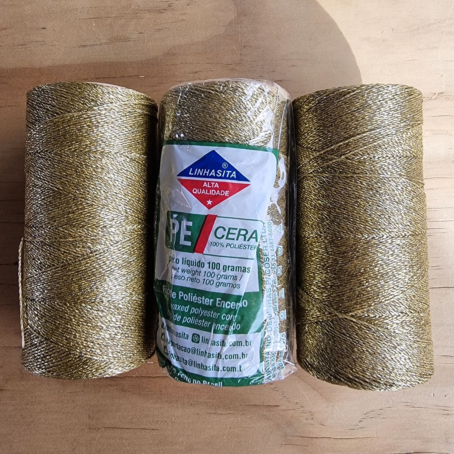 Cor #OURO Metallic GOLD 0.5mm Waxed Linhasita Thread 330m Spool