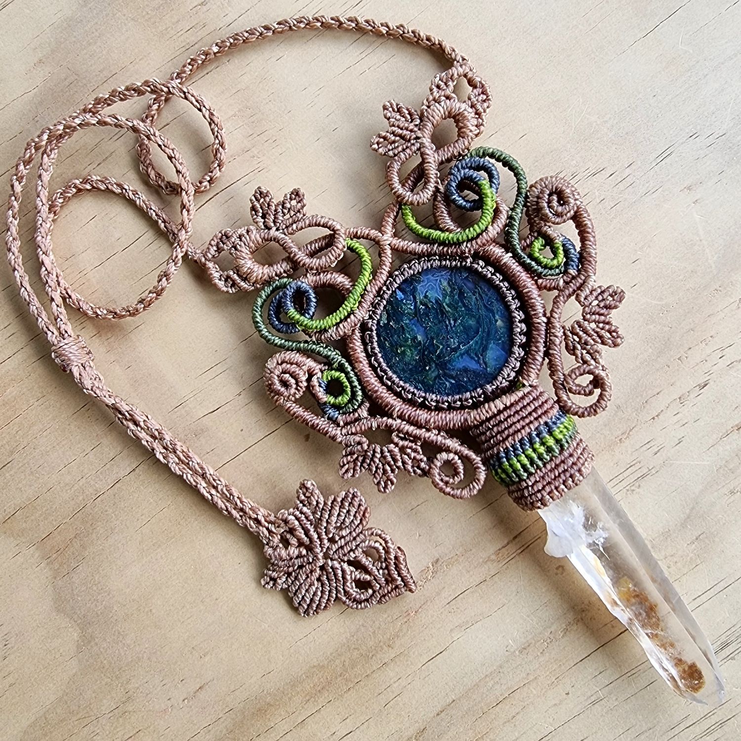 Moss Agate &amp; Lumerian Laser Quartz Adjustable Micromacrame Necklace