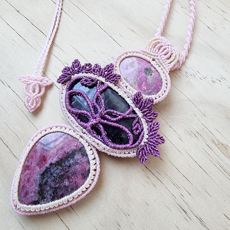 Cobalt Calcite, Hypersthene &amp; Rhodonite Adjustable Micromacrame Necklace