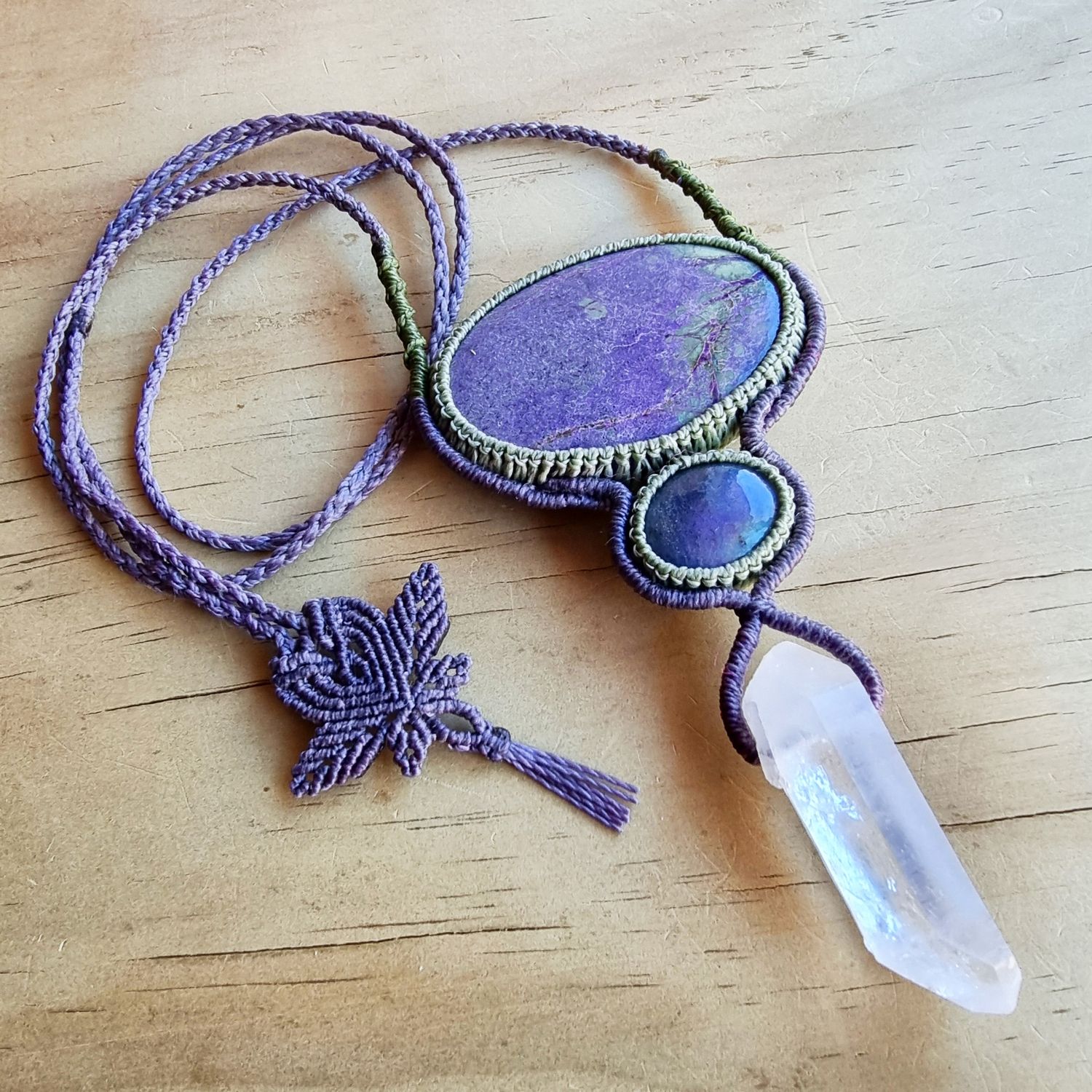 Stitchtite, Labradorite &amp; Double Terminated Quartz Adjustable Micromacrame Necklace