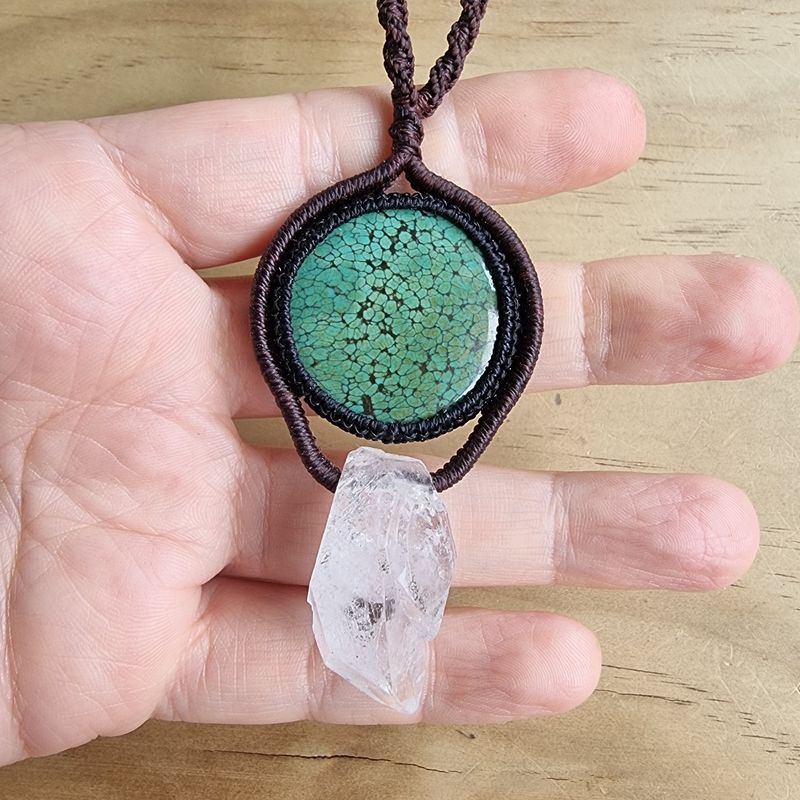 Tibetan Turquoise &amp; Tibetan Double Terminated Quartz Adjustable Micromacrame Necklace