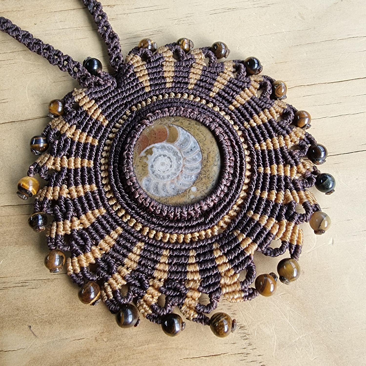 Ammonite, Tiger &amp; Garnet Adjustable Micromacrame Necklace