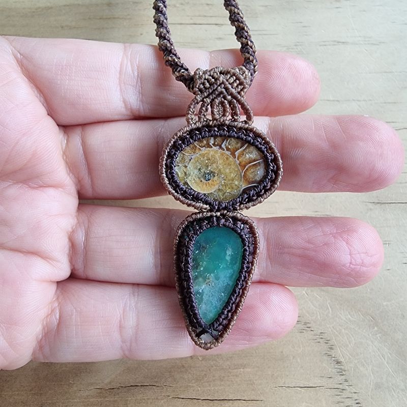Australian Chrysoprase &amp; Ammonite Adjustable Micromacrame Necklace