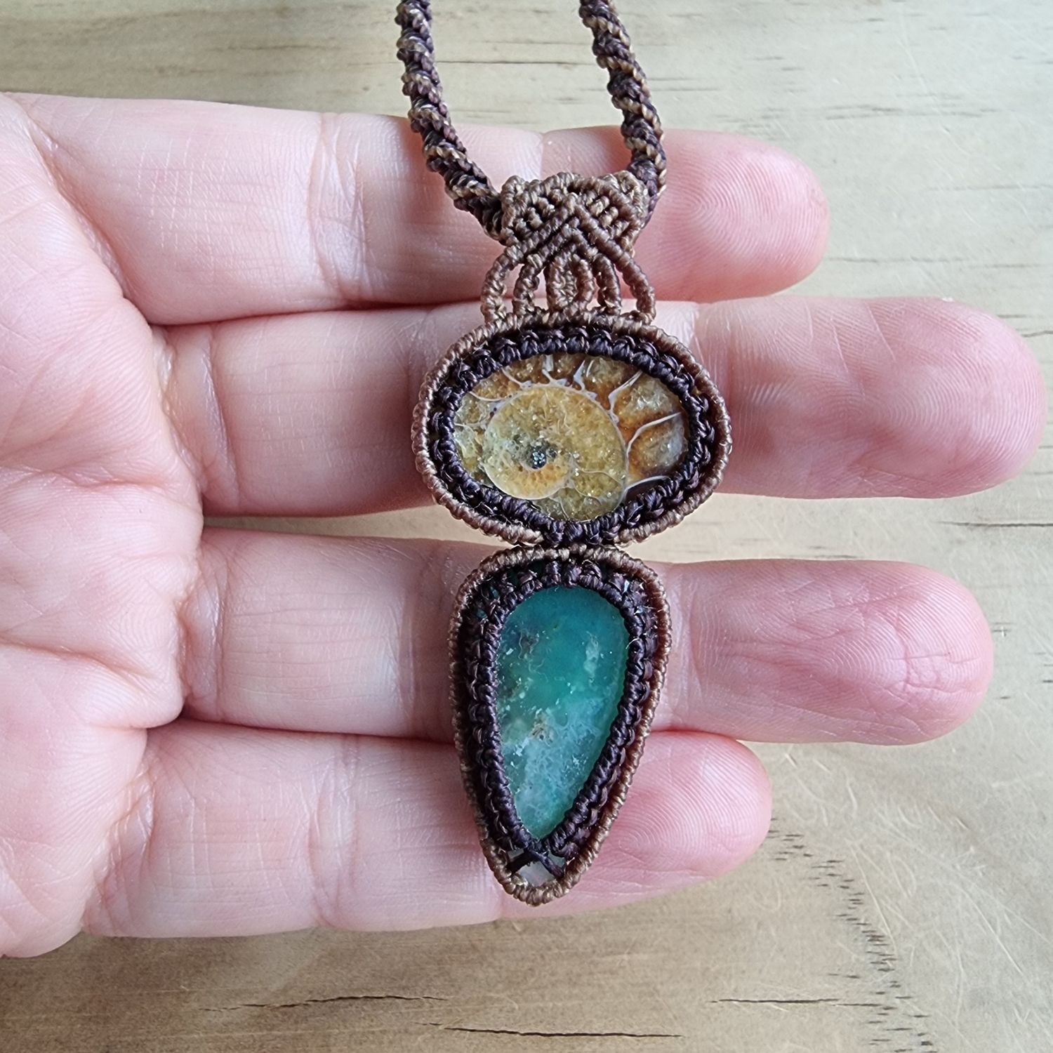 Australian Chrysoprase &amp; Ammonite Adjustable Micromacrame Necklace