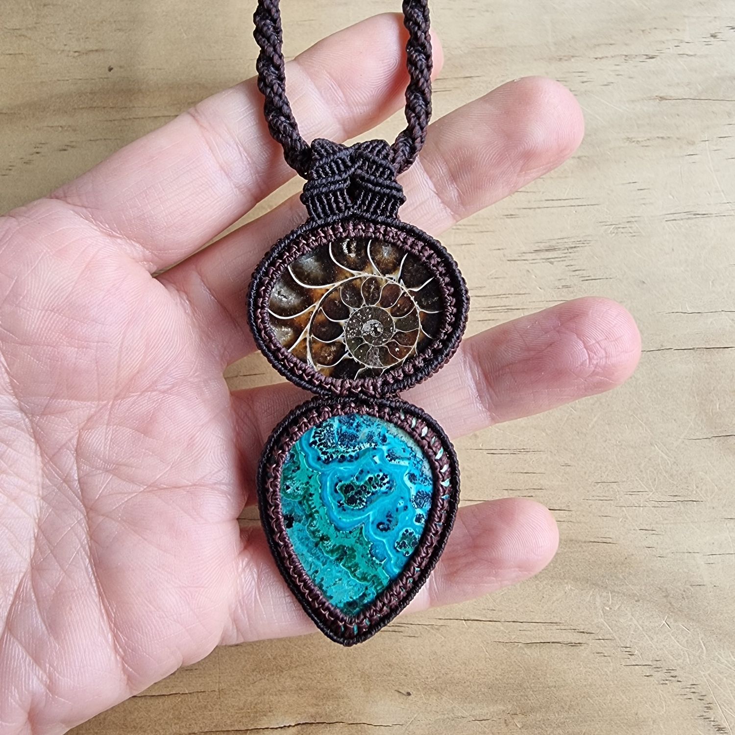 Ammonite &amp; Malachite Chrysocolla Adjustable Micromacrame Necklace
